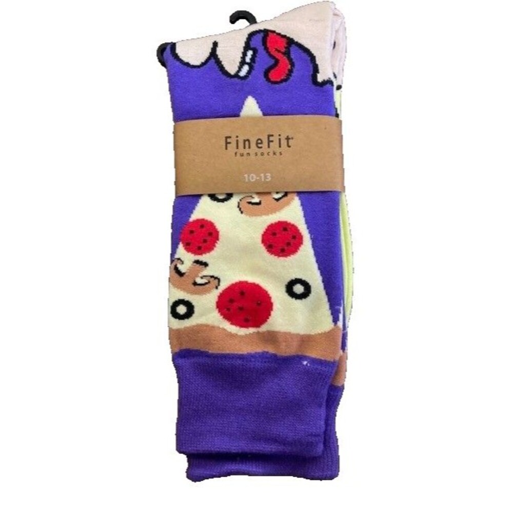 FineFit Fun Socks Pizza Slice Purple Novelty Crew Socks Mens Size 10-13 NEW